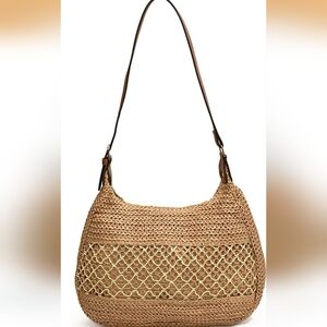 Woven Straw Shoulder Bag with Leather Strap - Tan